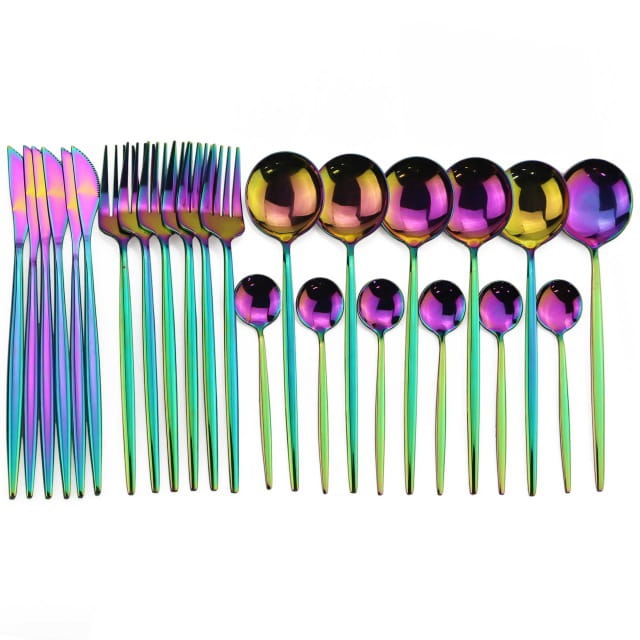 Gold stainless steel 24-piece cutlery set with iridescent rainbow-finished pink two-tone sleek modern design.