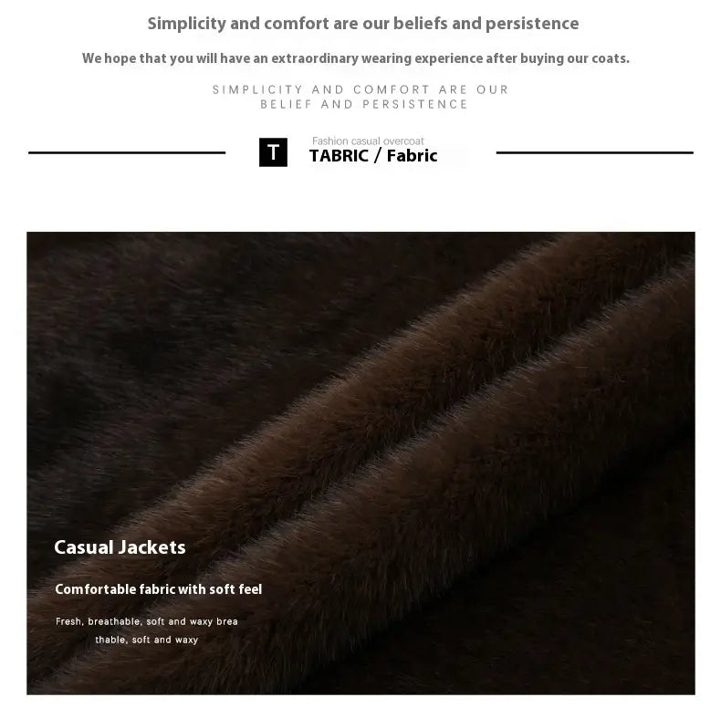 Men’s furs shearling double breasted winter coat made of brown plush faux fur fabric with a soft and waxy texture.