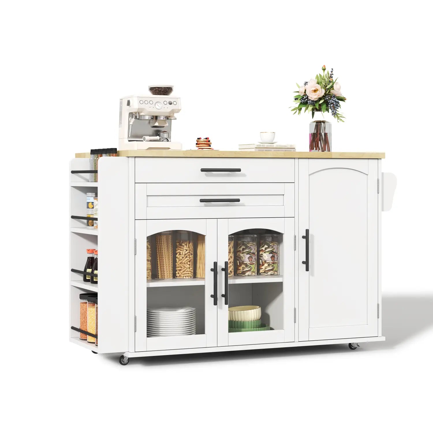 White mobile kitchen island cart with foldable light wood countertop, black handles, glass-fronted cabinets, open shelving, and wheels for easy storage and mobility in the kitchen.