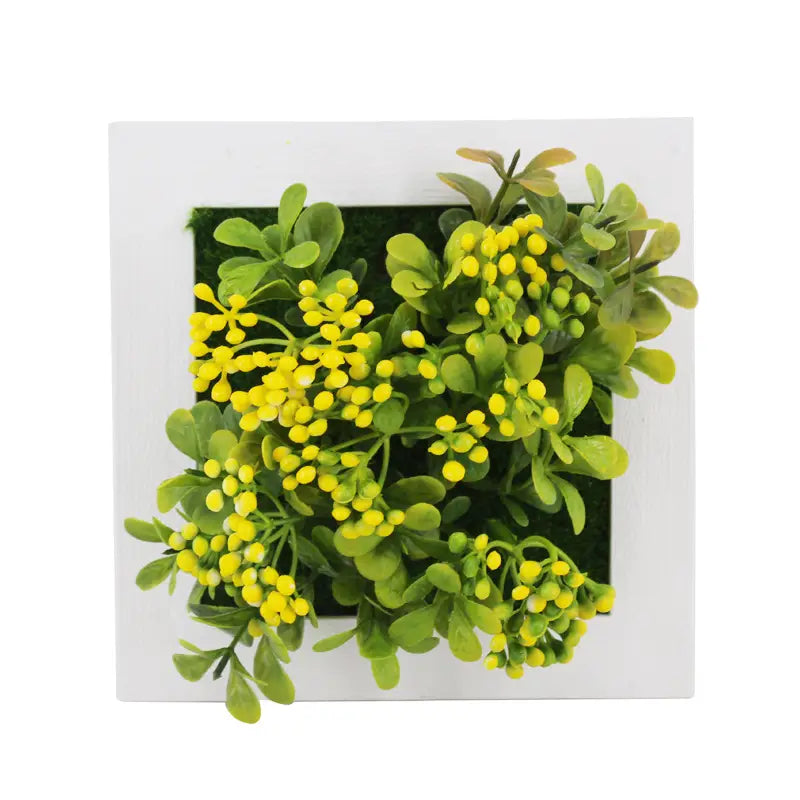 Succulent wall decor 3d artificial hanging plants featuring vibrant yellow and green flowers with a square textured backing.