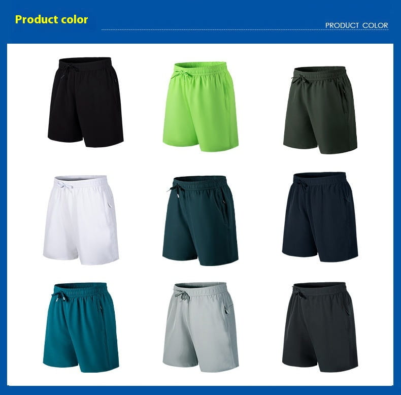 Nine pairs of men ice silk quick dry athletic shorts in various colors including black, neon green, white, and teal.