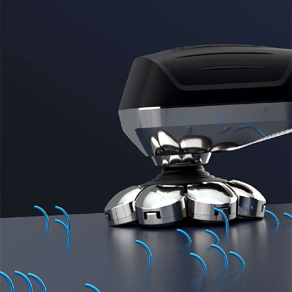 Black and silver 8-in-1 electric head shaver with five circular cutting heads and a sleek modern design for waterproof grooming.