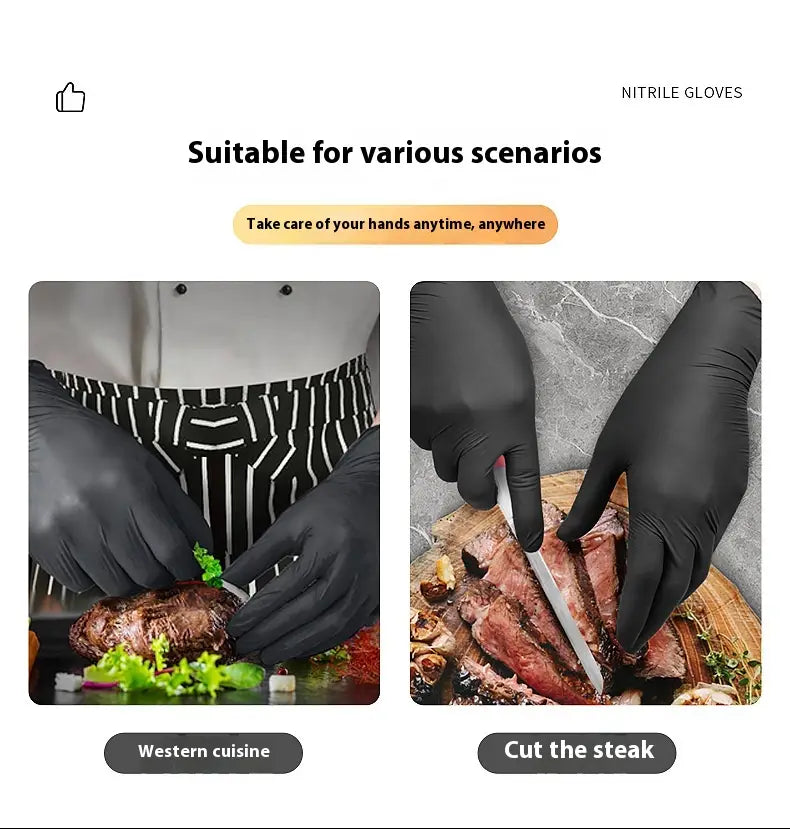 Black nitrile disposable gloves 100 pack showing smooth and durable material ideal for handling food and cutting steak in western cuisine.