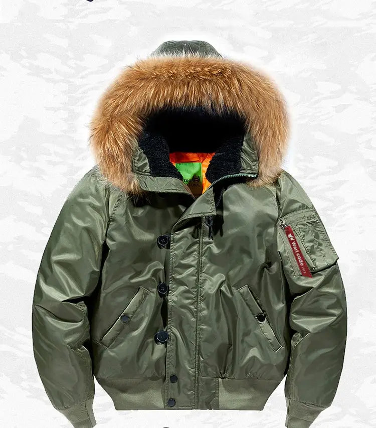 Olive green bomber jacket with a removable tan fur-lined collar and black buttons in plus size.