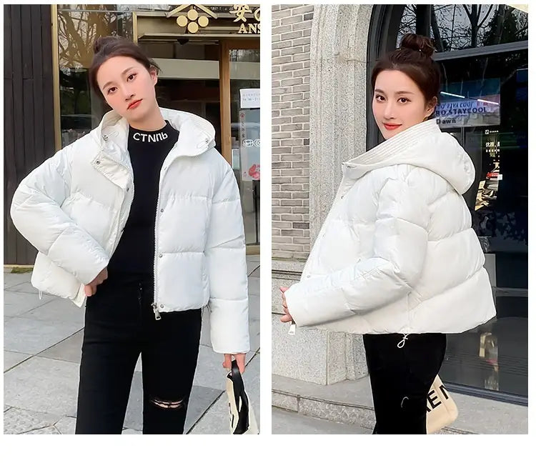 white hooded short down jacket for women featuring a quilted design and warm insulation.