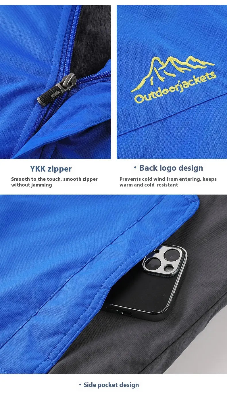Herren-Fleece-gefütterte Winterjacke aus dickem Baumwollstoff in Blau, Outdoor-Mantel mit YKK-Reißverschluss und Berglogo auf der Rückseite