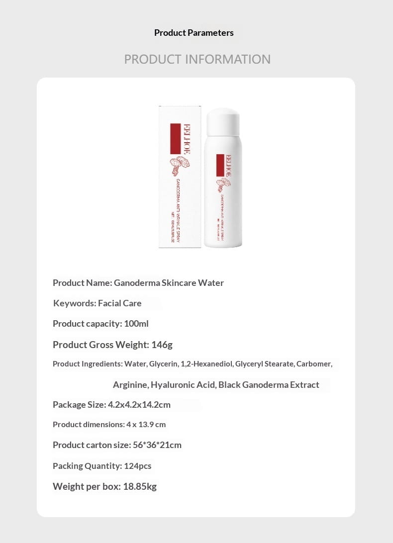 Weiße zylindrische Sprühflasche mit rotem Ganoderma-Branding und weißem Deckel, beschriftet mit „Ganoderma Skincare Water Ganoderma Anti-Falten-Spray 100 ml“, festigende Lotion zur Hautbefeuchtung und zur Minderung von Falten