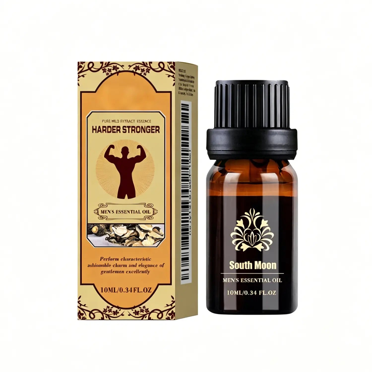 South moon men’s essential oil jojoba massage vitality 10ml in a dark amber glass bottle with a black ribbed cap and gold foil branding.