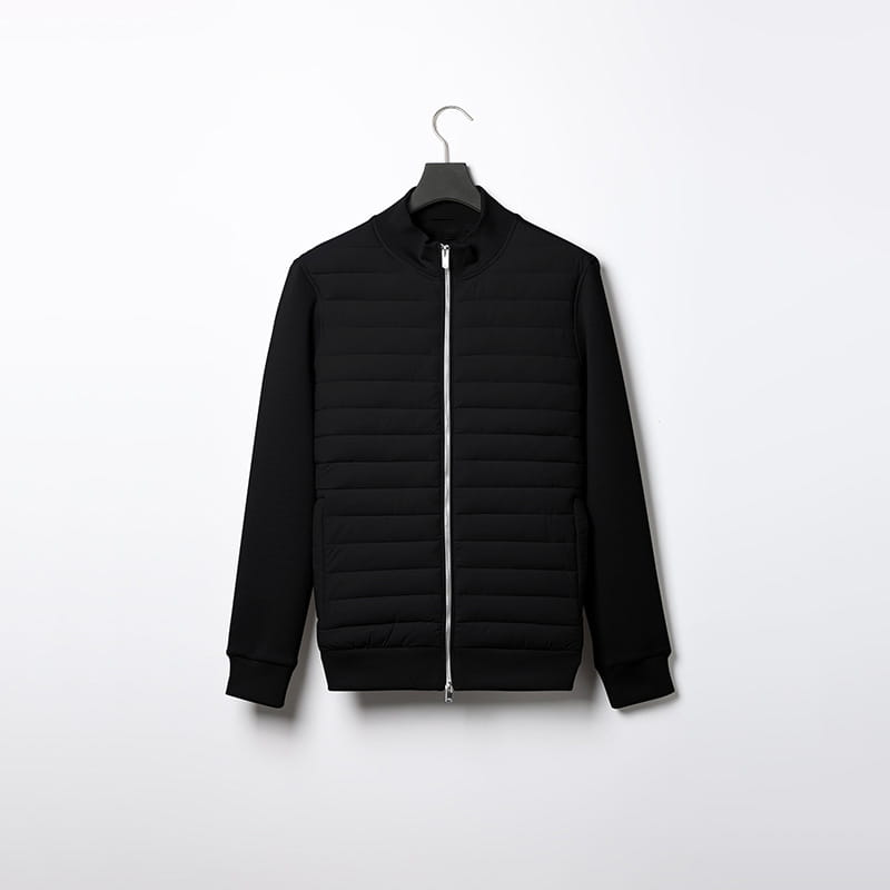 Men’s black quilted lightweight bomber jacket with stand collar featuring a sleek modern design and silver zipper.