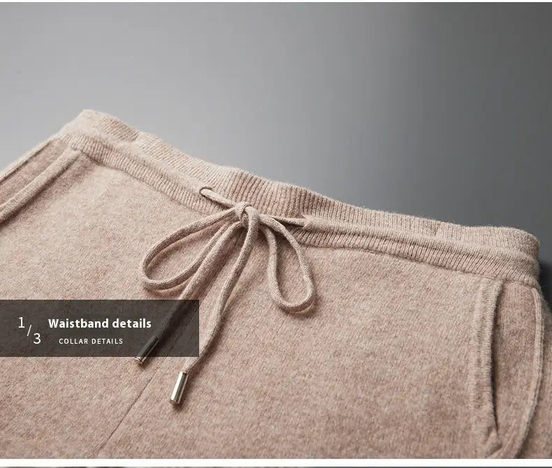 Beige knit men’s wool harem pants featuring a ribbed waistband and matching drawstring designed as high waist casual joggers.