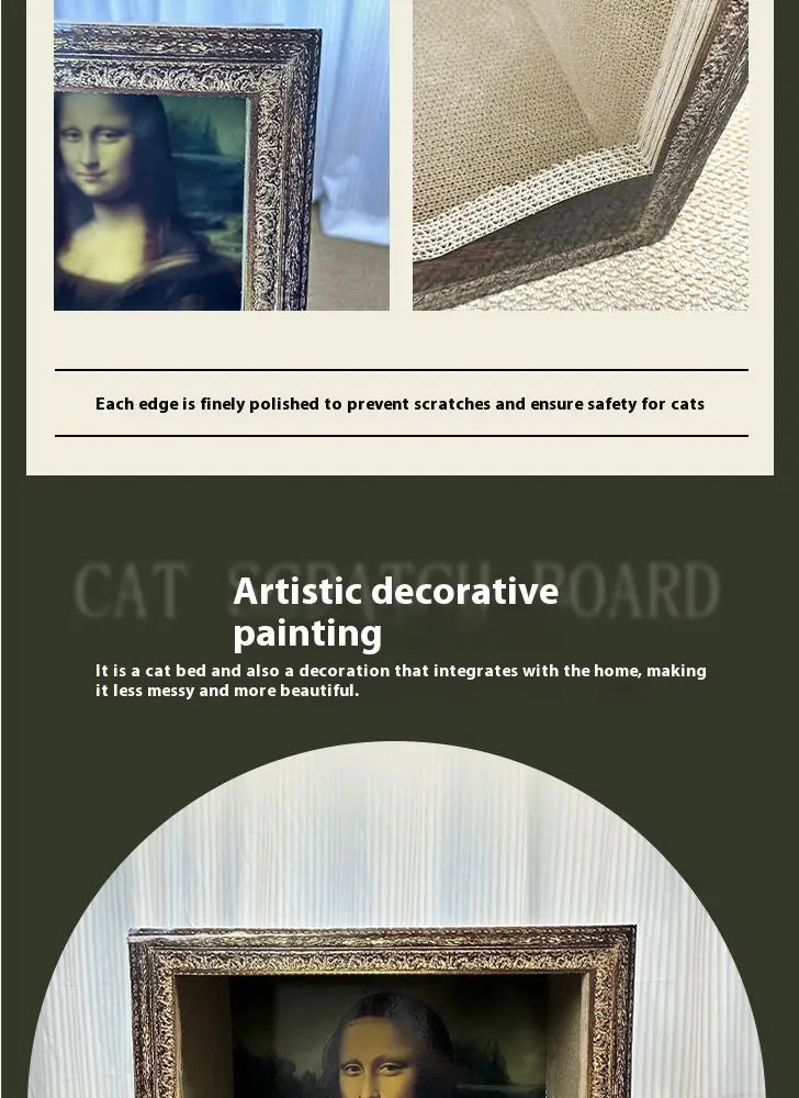 „Mona Lisa“-Gemälde im Antikstil in einem prunkvollen Rahmen, dargestellt auf einem beigen Katzenkissen-Kratzbrett aus dauerhaftem Sisalmaterial.