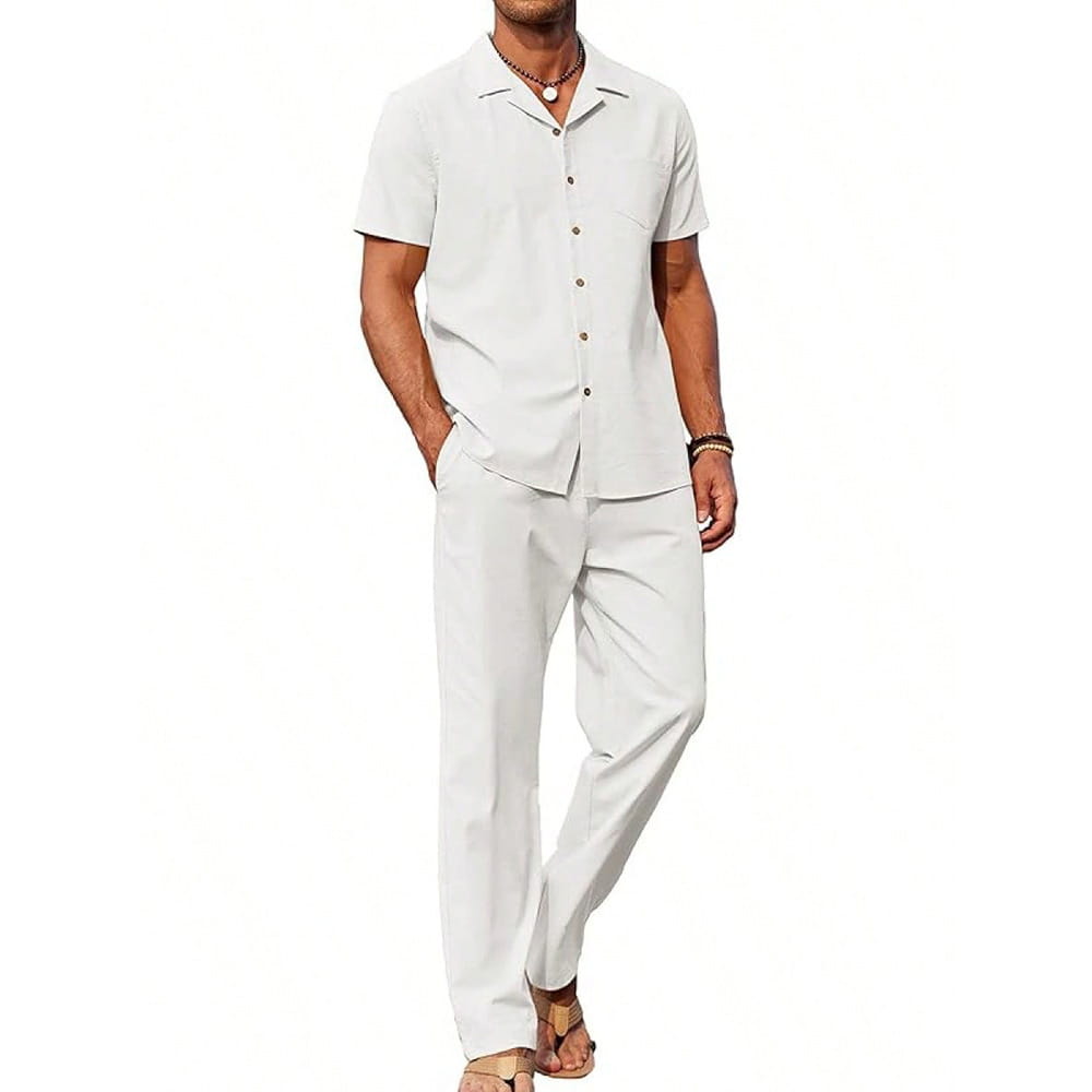 Men short sleeve shirt and trousers set in light gray featuring a button-up collar shirt with matching pants suitable for casual and formal wear.