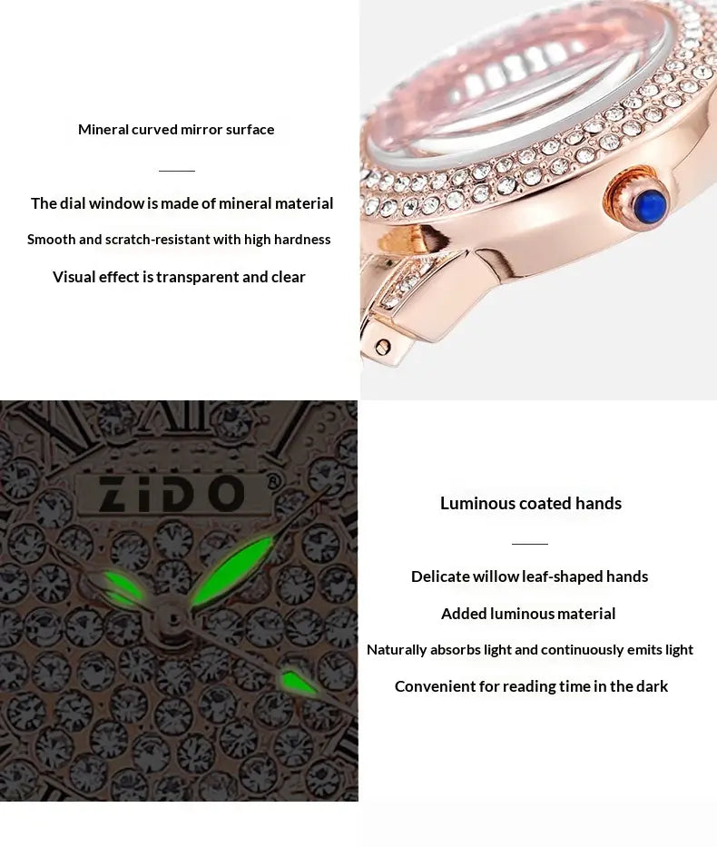 Rose gold zido diamond encrusted women’s quartz watch featuring a crystal-encrusted bezel, luminous willow leaf-shaped hands, and a mineral curved mirror dial.