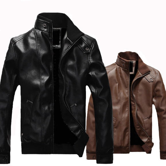 men’s faux leather bomber jackets in black and brown with stand collars, snap-button collars, and zippered pockets.