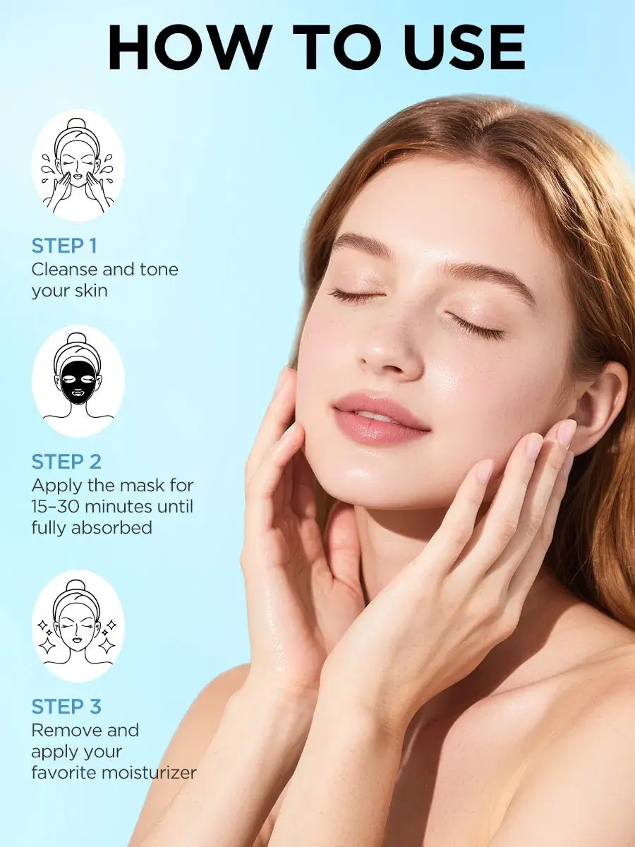 A woman with closed eyes gently holds her face showing a smooth complexion after applying the black Luhezr deep collagen anti wrinkle lifting mask sheet.