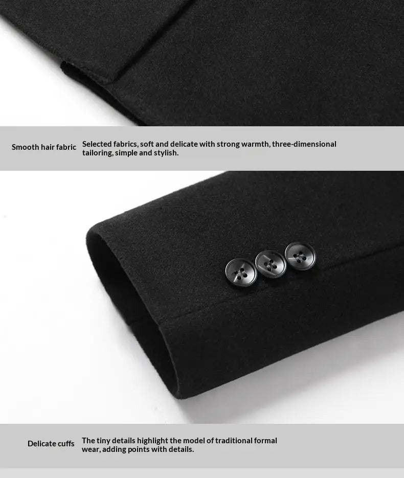 Black woolen mens overcoat warm winter jacket featuring three silver buttons on the cuff.