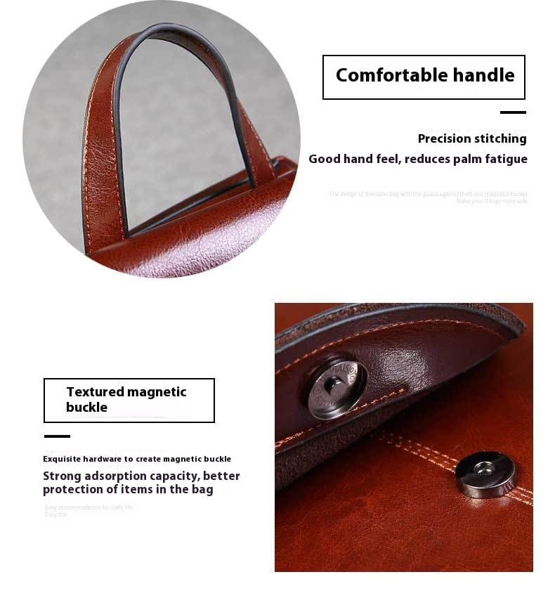 Mochila bandolera de cuero marrón con hebilla magnética texturizada y costuras precisas, que muestra un diseño de moda retro.