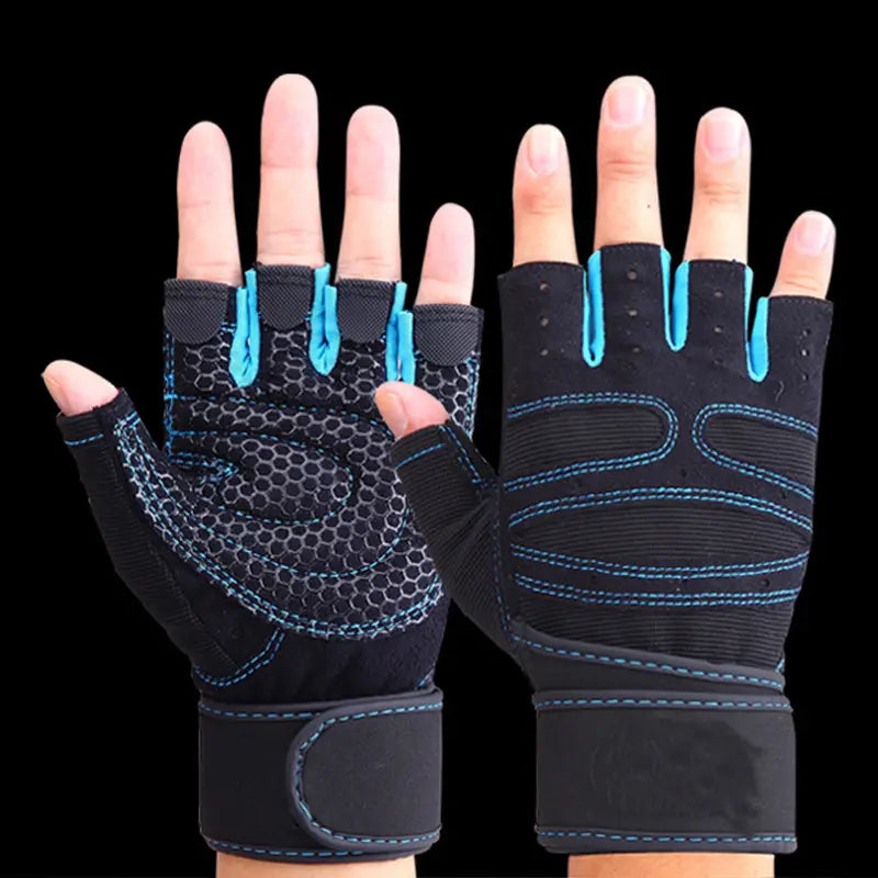 black and blue fingerless workout gloves with breathable mesh panels and adjustable wrist straps for weightlifting use showing the back side of the gloves
