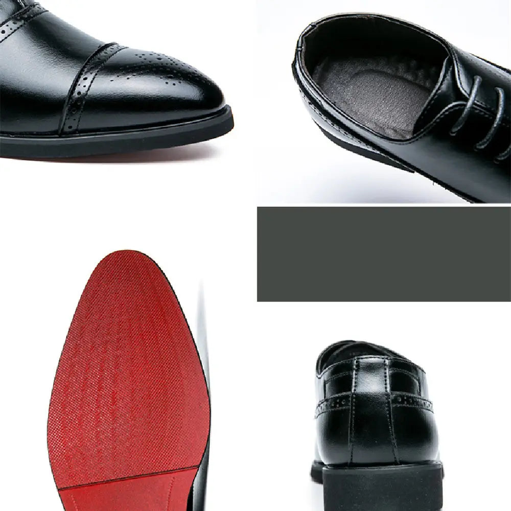 Zapato de vestir tipo oxford de cuero negro para hombres con suela de goma roja, diseñado para el estilo brogue casual de negocios