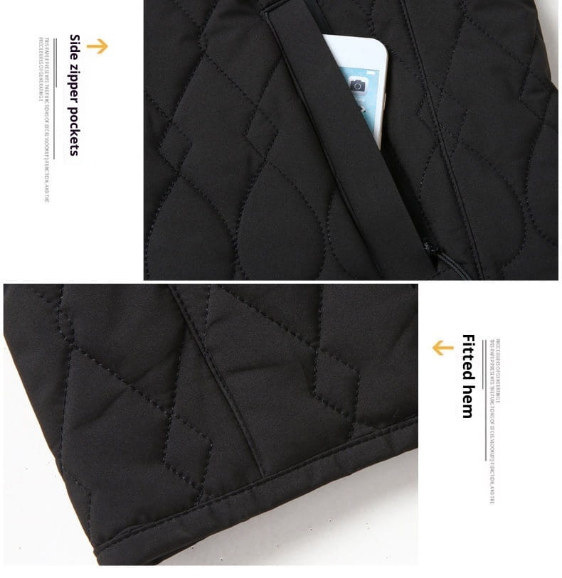 Schwarze gesteppte Businessjacke mit leichtem Diamantsteppstich und Seitentaschen mit Reißverschluss.