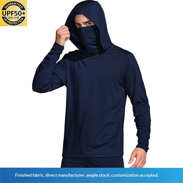 Guardia contra rozaduras con capucha de manga larga azul marino, con máscara facial, hecha de seda de hielo, diseñada para protección solar en actividades al aire libre.