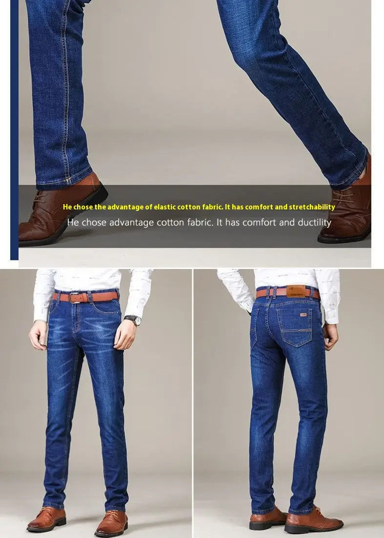 Jeans d’affaires décontractés pour homme à taille haute, coupe slim, avec élasticité, en denim bleu, avec un design classique à cinq poches et une ceinture en cuir marron.