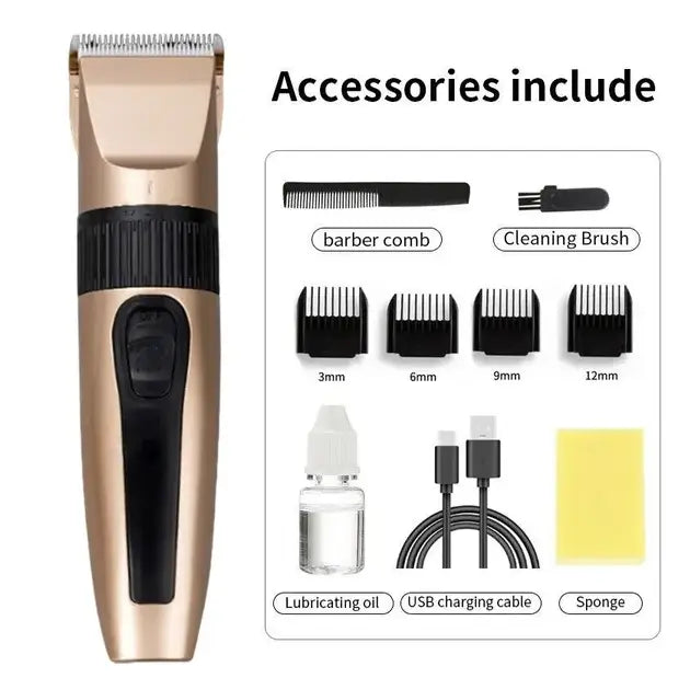 Professional hair clippers cordless gold barber kit featuring a gold and black electric hair clipper with multiple comb attachments, cleaning brush, lubricating oil, usb charging cable, sponge, and barber comb.