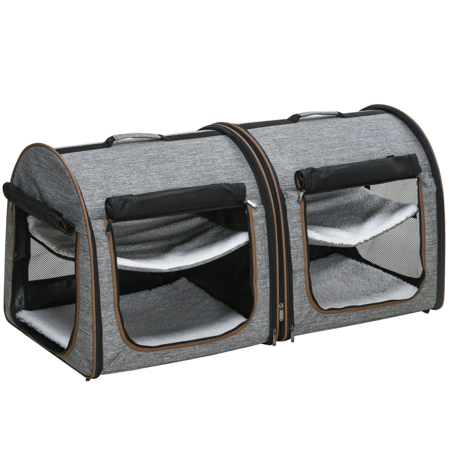 Two compartment soft pet cat carrier grey featuring gray and black mesh with soft white fleece lining for comfortable pet transport.