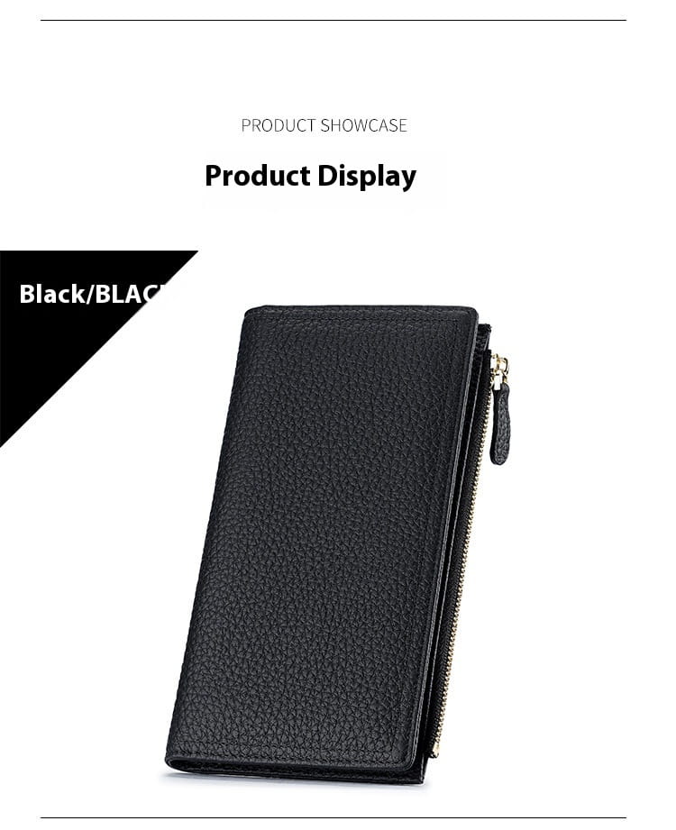 Black textured cowhide leather anti theft RFID long zip wallet with a zipper closure.