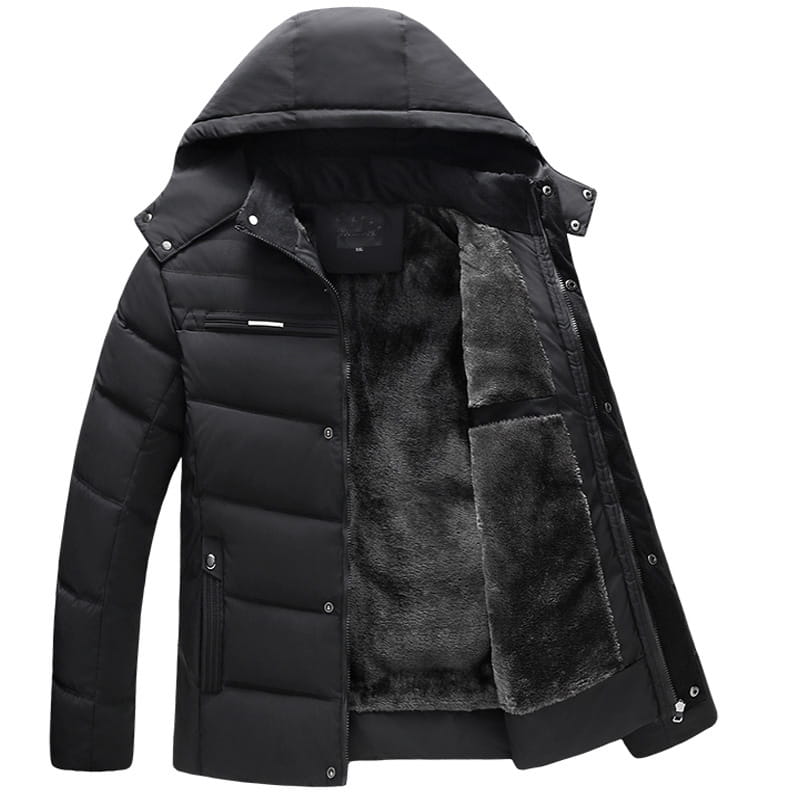 Men’s slim fit black quilted winter jacket with hood and plush gray fleece lining designed for cold weather.