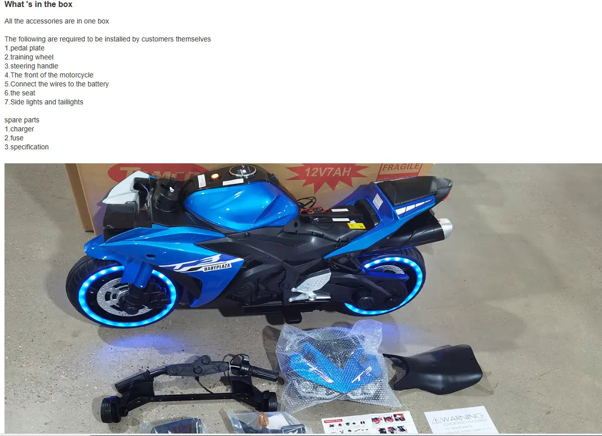 moto enfant 12 V Yamaha R3 jouet de moto sportive bleue et noire, avec éclairage à LED bleues qui s’illuminent autour des roues, visible depuis l’arrière