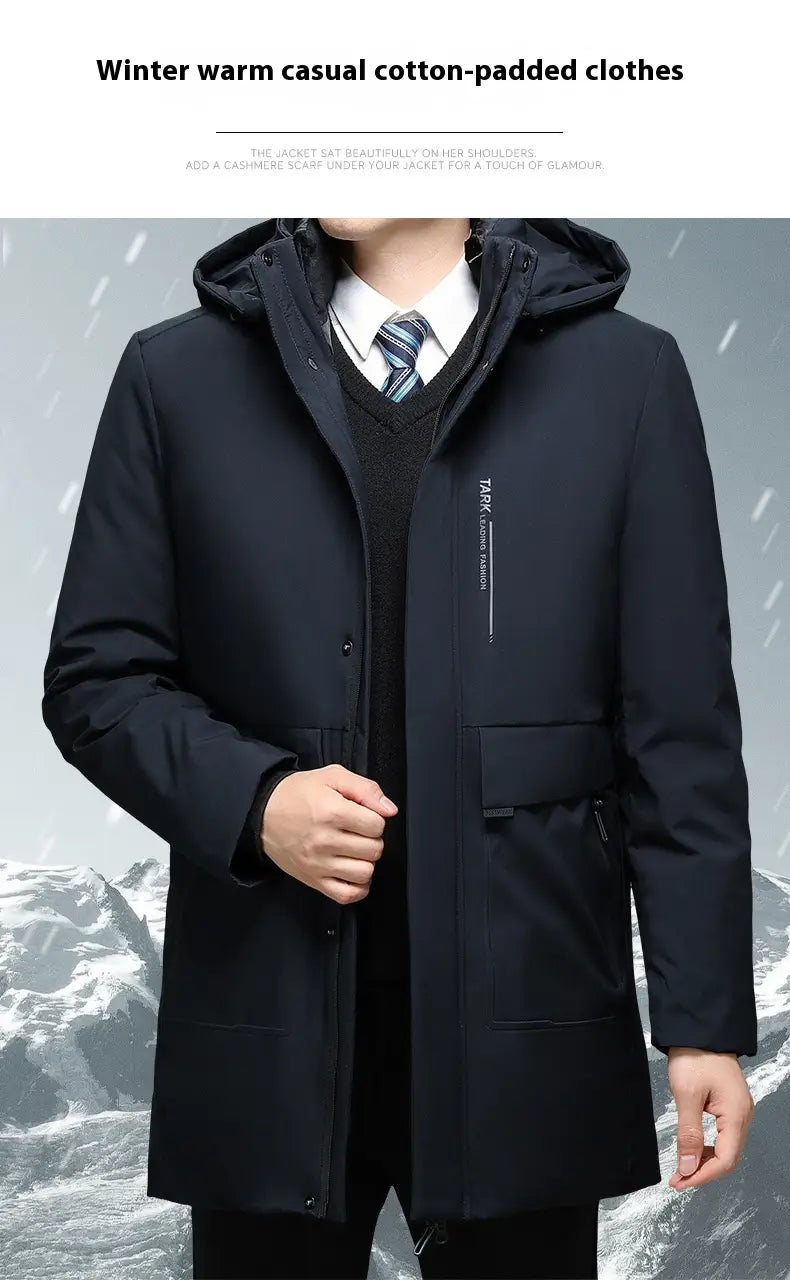 Chaqueta de invierno negra con capucha acolchada térmica, confeccionada con material acolchado de algodón, con cremallera frontal, para uso casual en clima frío.