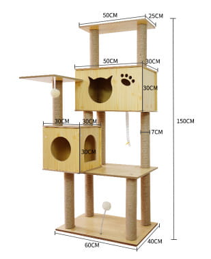 Light brown wooden cat tree scratching post and condo featuring multiple levels, circular openings, and sturdy scratching posts.