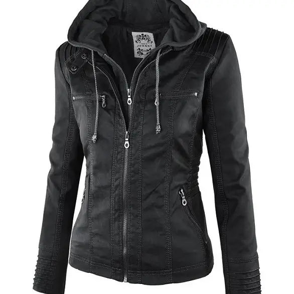 Black faux leather moto jacket with detachable hood zippered pockets and ribbed cuffs displayed from the front.