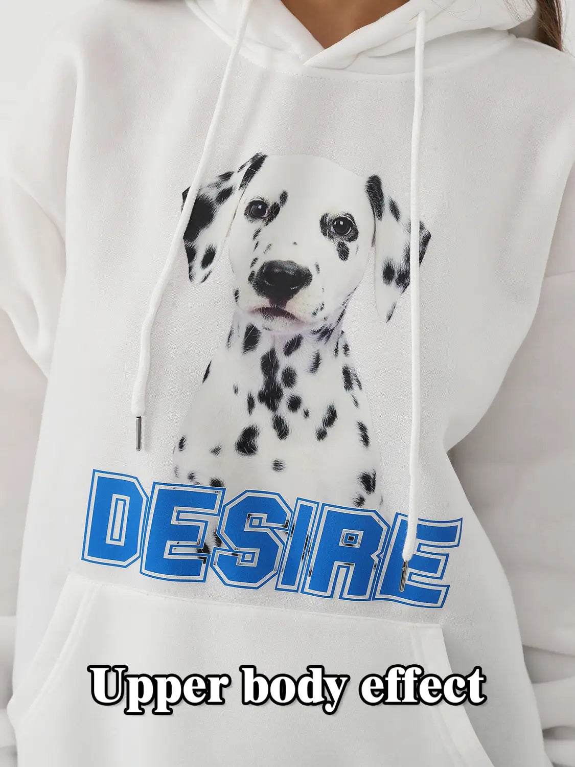 white hoodie featuring a black and white dalmatian puppy graphic with bold blue desire lettering and cat ear hood designed for women