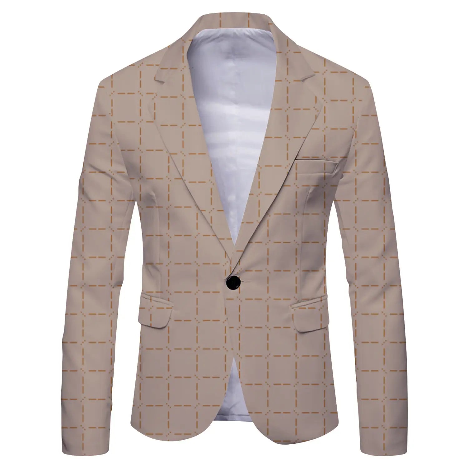 Men’s slim fit casual blazer in beige featuring a subtle gold grid pattern and black button embodying British style suit design.