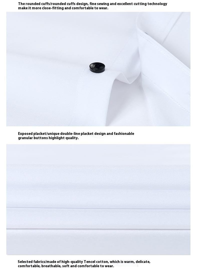 Herren Slim-Fit Business-Kleidhemd mit langem Arm in Weiß mit schwarzen körnigen Knöpfen und einer doppelten Linien-Plakette aus hochwertiger Tencel-Baumwolle.