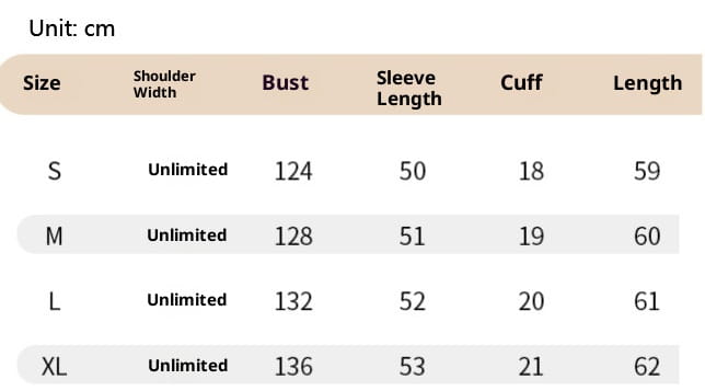 The size chart for the women’s loose off shoulder ribbed knit sweater shows unlimited shoulder width with bust measurements from 124 to 136 cm and sleeve lengths increasing by one centimeter per size.