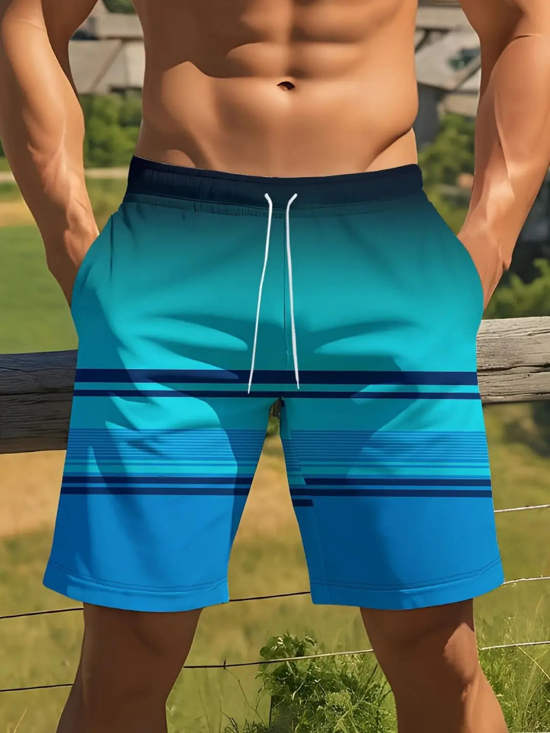Men casual swim trunks featuring a blue gradient with navy horizontal stripes and white drawstrings designed for tropical boardshort use.