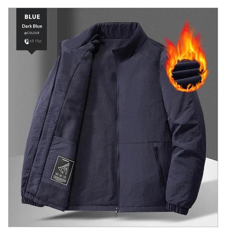 Dark blue quilted fleece stand collar sports jacket featuring a half-flip insulated design and fleece lining.