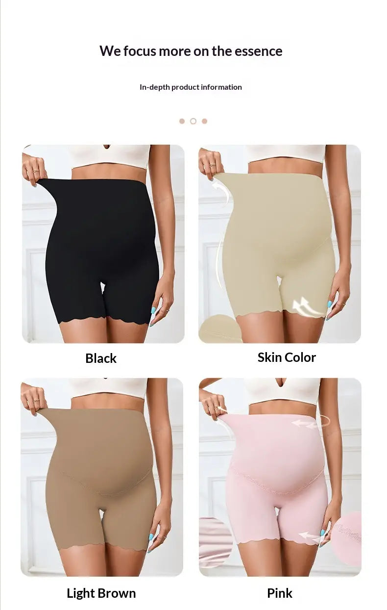boxer tipo braga de maternidad de tiro alto con encaje transpirable en color piel negro, marrón claro y rosa, confeccionado con pantalones cortos moldeadores sin costuras.