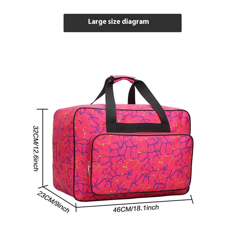 Multifunctional cracked pattern nylon travel duffel bag in vibrant pink with a bold purple and yellow cracked design and sturdy black handles.