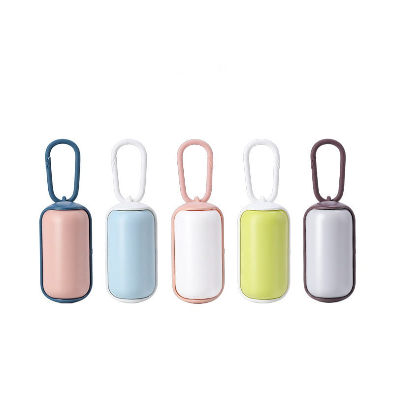 Pastel-colored sleek rectangular pet poop bag dispenser with matching carabiner clips designed for convenient pet waste disposal.