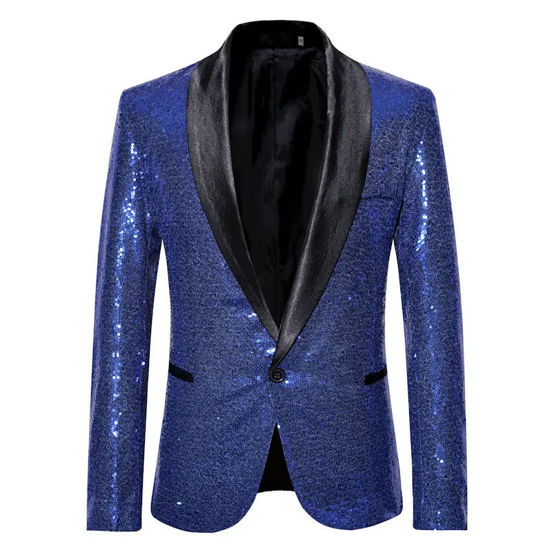 Blazer décontracté homme grand format rehaussé de sequins, bleu royal étincelant, avec revers en satin noir et doublure intérieure.