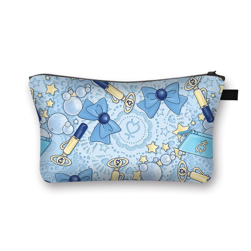 A light blue cosmetic bag featuring a whimsical pattern of sailor moon-themed bows stars and transformation wands designed as a travel clutch with bow and lace details.