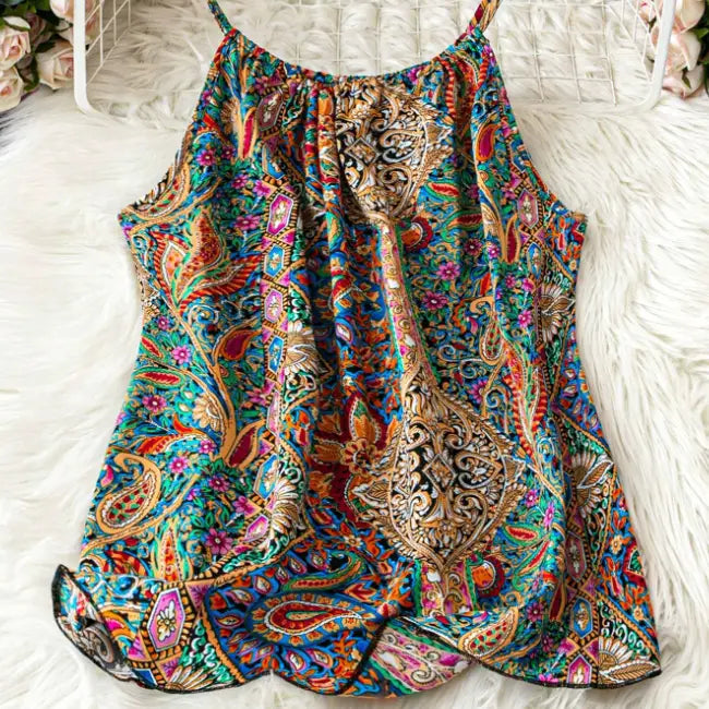 Top sin mangas con estampado de corazón para tallas grandes, con un diseño vibrante sin mangas, tela ligera y fluida, y un intrincado patrón de cachemir y floral en turquesa, dorado, rojo, rosa y azul.