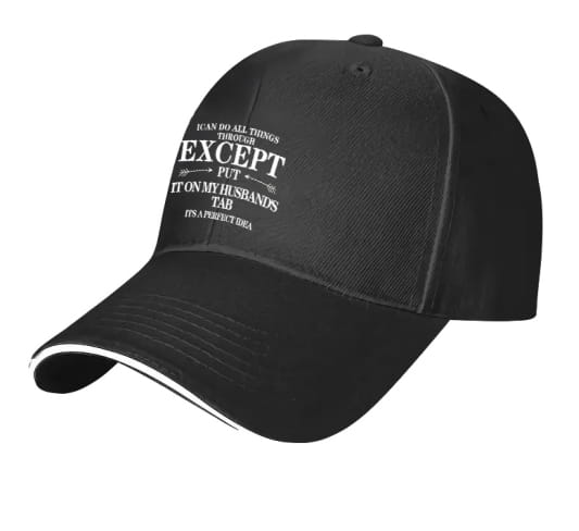 Casquette de baseball à slogan brodé noire pour femmes, avec du texte blanc brodé et une finition du revers blanc contrastante, conçue comme un chapeau de soleil.