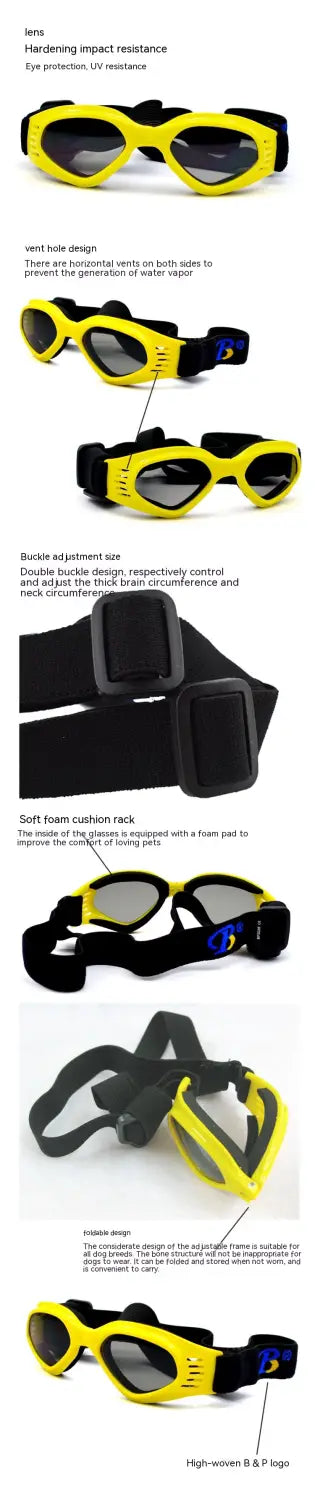 Yellow and black dog goggles with UV protection sunglasses featuring a soft foam cushioned neck strap for comfortable wear.