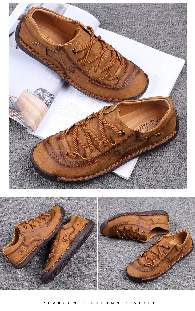 Herren-Lederschuhe im britischen Casual-Stil mit Schnürung aus beigem Wildleder mit braunen Lederakzenten und gesticktem Design.