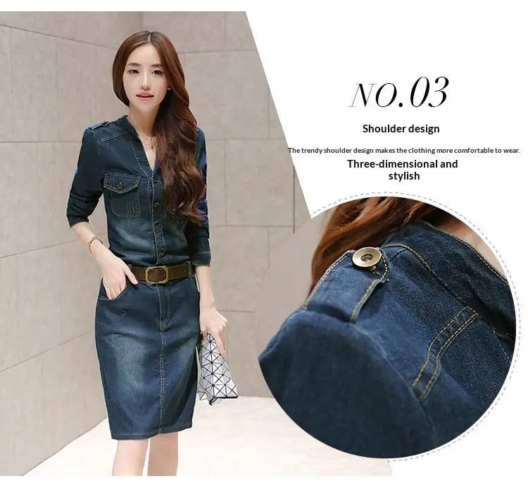 Elegant high waist button down denim midi dress in dark blue featuring a shoulder design with buttoned front and side pockets.